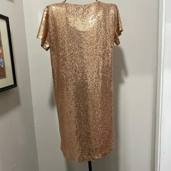 LULU’s Sequined Mini Dress SIZE MEDIUM Peach Short Sleeve V-Neck Cocktail Dress - Picture 4 of 8